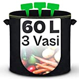 3 Vasi Geotessile da 60L con Maniglie e 3 Cartellini per Etichettare - Per Coltivare Patate, Pomodori, Zucchine, Carote