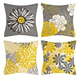 45 x 45 cm, set di 4 federe decorative, colore grigio, giallo, margherita, geometria, cuscino per divano, in lino, moderno, ...