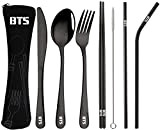 BTS - Set di posate portatili, con paglia dritta, coltello, forchetta, cucchiaio, bacchette, spazzola per la pulizia BTS da viaggio ...