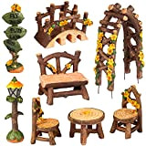Collezione Fortag, miniature di mobili in legno delle fate per esterno, con 2 sgabelli, sedia, tavolo, arco, segnali stradali, lampioni, ...