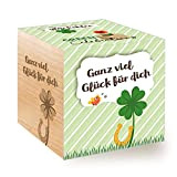 Feel Green Celebrations Ecocube, quadrifoglio portafortuna, cubo in legno con incisione laser "Ganz viel Glück Für Dich", idea regalo sostenibile, ...