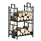 Firewood Racks with Fireplace Tool Set Heavy Duty Log Holder Poker Shovel Tongs Brush 5-Piece Tools Indoor Outdoor Large Fire ...