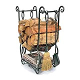 Heavy Duty Firewood Log Holder with 5 Pieces Fireplace Tools Set Indoor Outdoor Black Wrought Iron Storage Rack with Poker ...