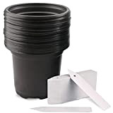 KINGLAKE 50 vasi in plastica nera da 10 cm, rotondi, per piante in vaso e 100 pezzi di plastica bianca