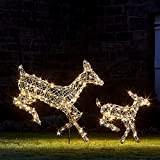 Lights4fun Decorazione di Natale Cerva e Cerbiatto Balzanti in Rattan Grigio con 300 LED Cambia Colore per Arredo Giardini