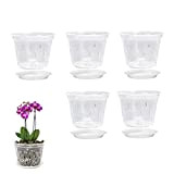 Orchid Pots, Clear Orchid Pots with Holes And Saucers, Plastics Breathable Slotted Orchid Planter Indoor Outdoor 5 Sets Flower Pots