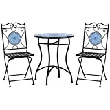 Outsunny Set da Giardino 3 Pezzi con Mosaico, Tavolino da Esterno Rotondo con 2 Sedie Pieghevoli in Metallo, Blu