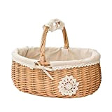 Picnic Wicker Basket Fruit Rattan Storage Box Snacks Tea Basket Willow And Cloth Storage Basket with Lid (Color : Brown ...