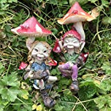 Pixie paio SAT sotto funghi; magico da giardino di alta qualità Decor Figurines elfo fate e bambini, Set di 2.