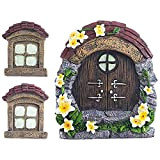 Porta fatata da giardino e finestra per alberi, 14 cm, in resina, in miniatura, porta gnomo, decorazione da giardino, luci ...