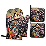 Set di guanti da forno e presine in geisha giapponesi, in stile retrò, confezione da 4, resistenti al calore, antiscivolo, ...