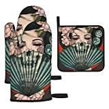 Set di guanti da forno e presine stampate in geisha giapponese, lavabili resistenti al calore, guanti da forno con impugnatura ...