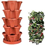 Stand Stacking Planters Strawberry Planting Pots - 3/5-Tier Strawberry and Herb Garden Planter, Vertical Garden Planters (5pcs,Brick red)