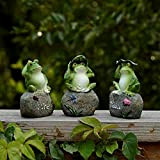 Takefuns - 3 statuine da giardino a tema ranocchie sedute su un sasso, decorazioni per esterni, per ufficio, cortile, patio, ...
